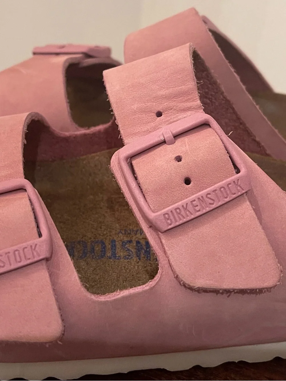 Birkenstock Arizona Pink Leather Two-Strap Buckle Sandals